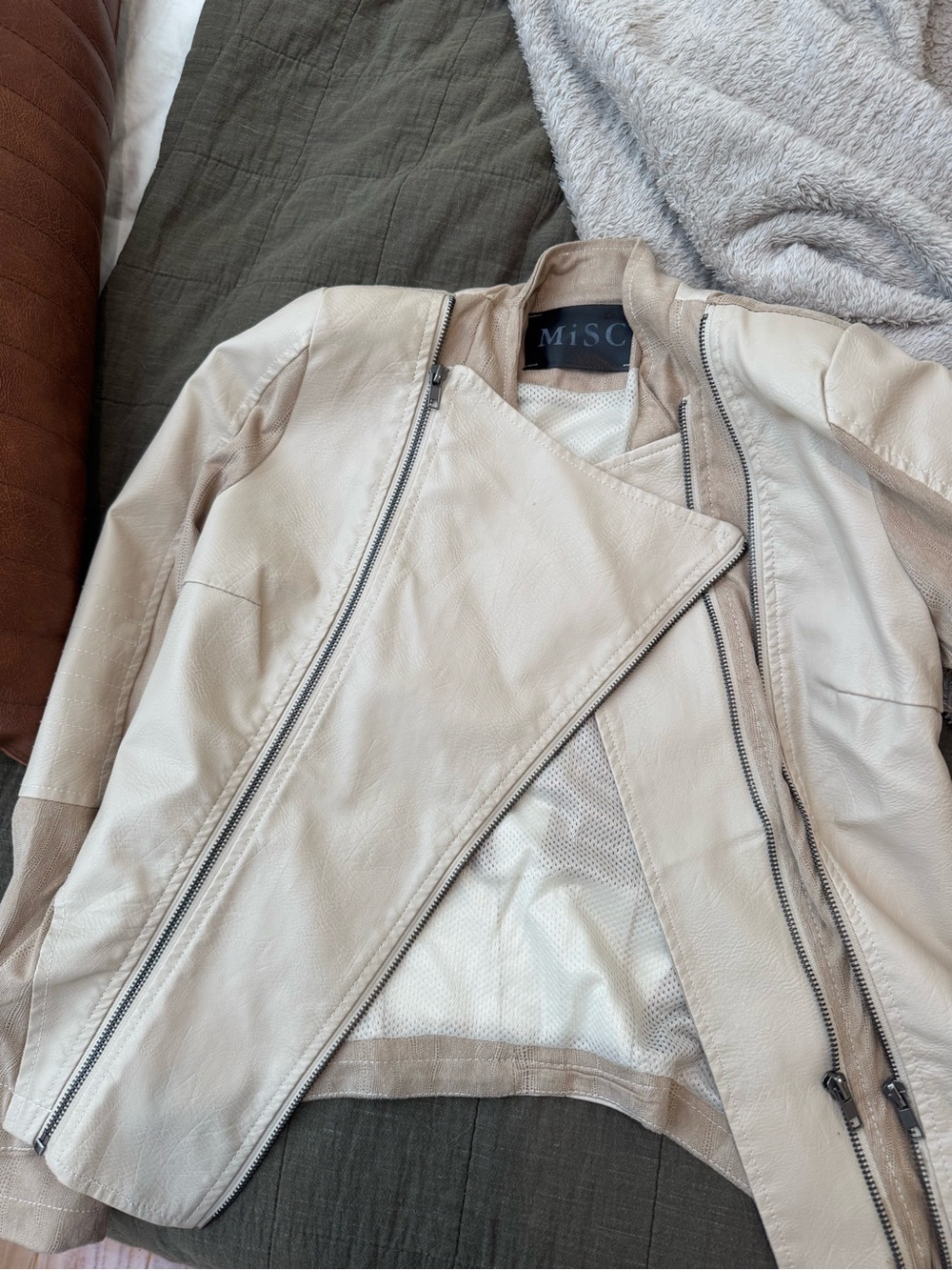 Beige Leather Asymmetric Zip Jacket